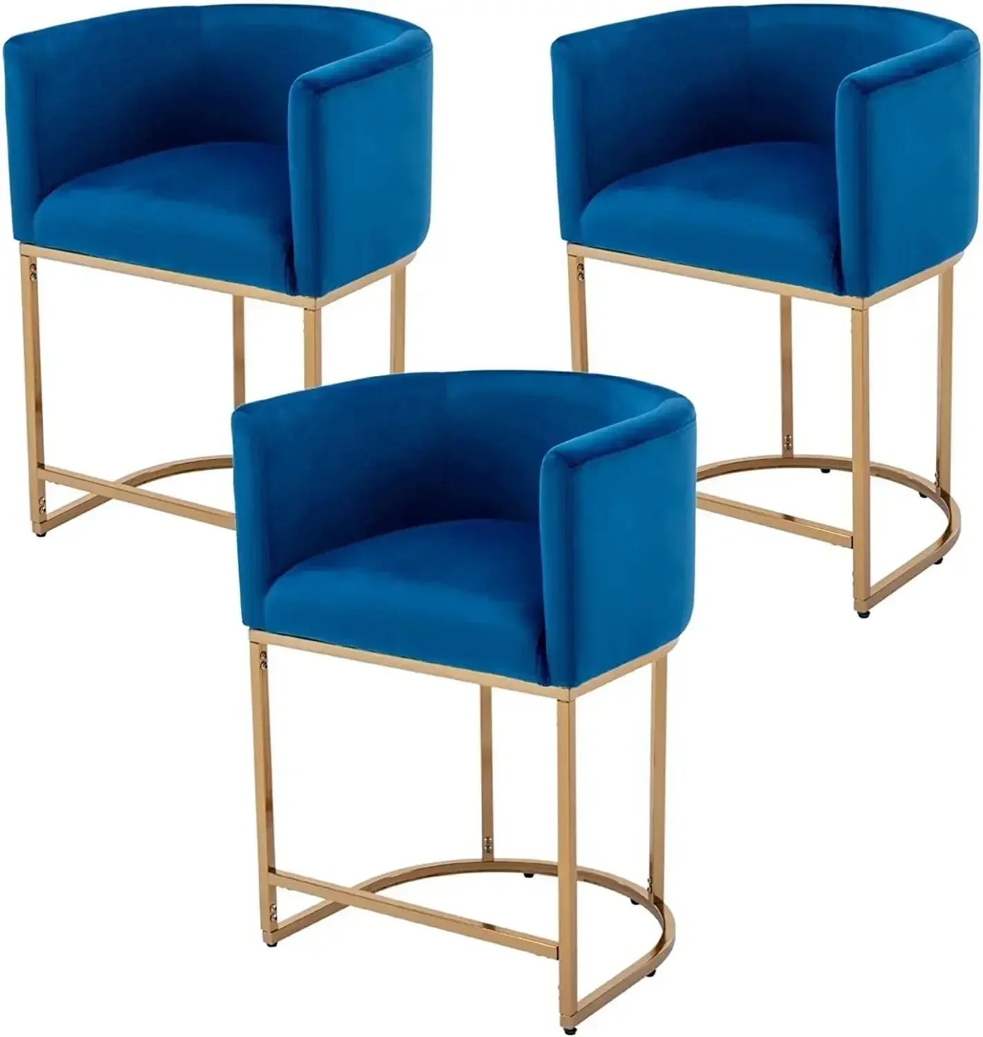 Contemporary Blue Velvet Bar Stools Set of 3,24" Upholstered Fabric Counter Kitchen Counter Island Stools with Golden Metal Base