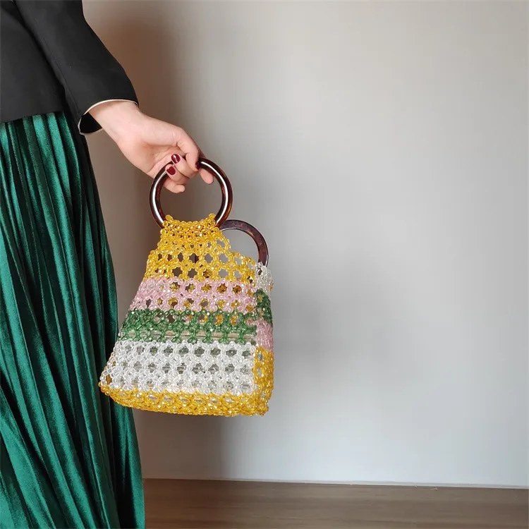 2021 Fashion design acrylic crystal  rainbow beads bag handmade weaving handbag for women