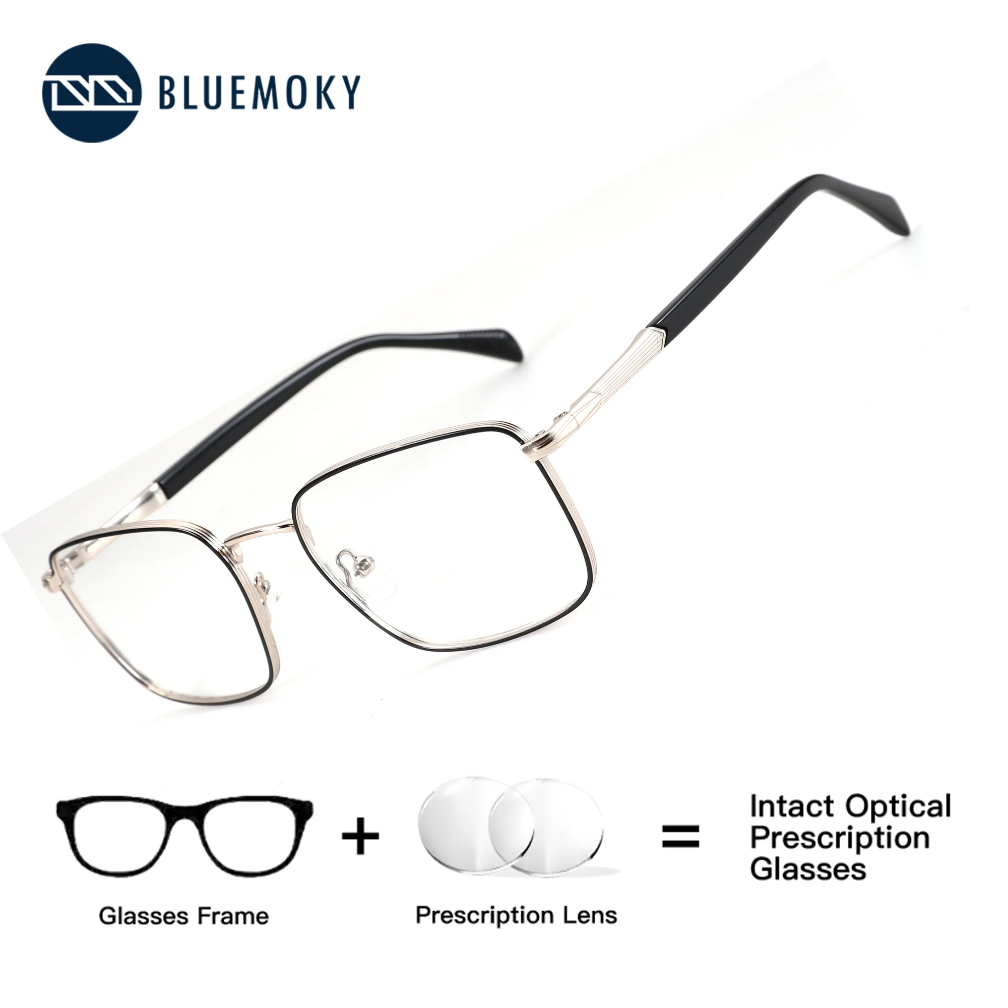 BLUEMOKY XL Size Rectangle Prescription Eyewear Astigmatism Photochromic Anti Blue Light Metal Optical Men's Glasses for Sight