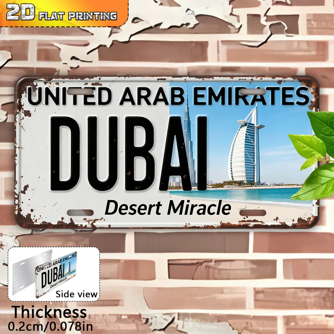 Plaque décorative murale en métal rétro style plaque d'immatriculation vintage, motif Aluminium Peinture Émirats Arabes Unis Dubaï Désert Miracle, pour la maison
