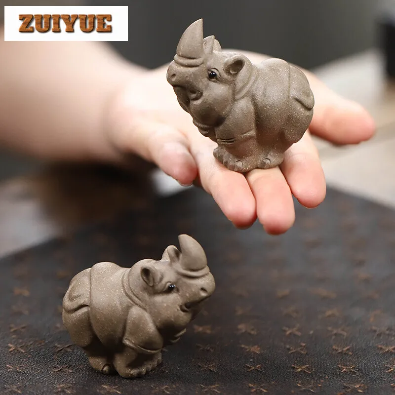 Handamde Purple Sand Tea Pet Creative Rhinoceros Tea Play Figurine Toys Zodiac Ox Sculptures Tea Table Ornaments Tea Ceremony