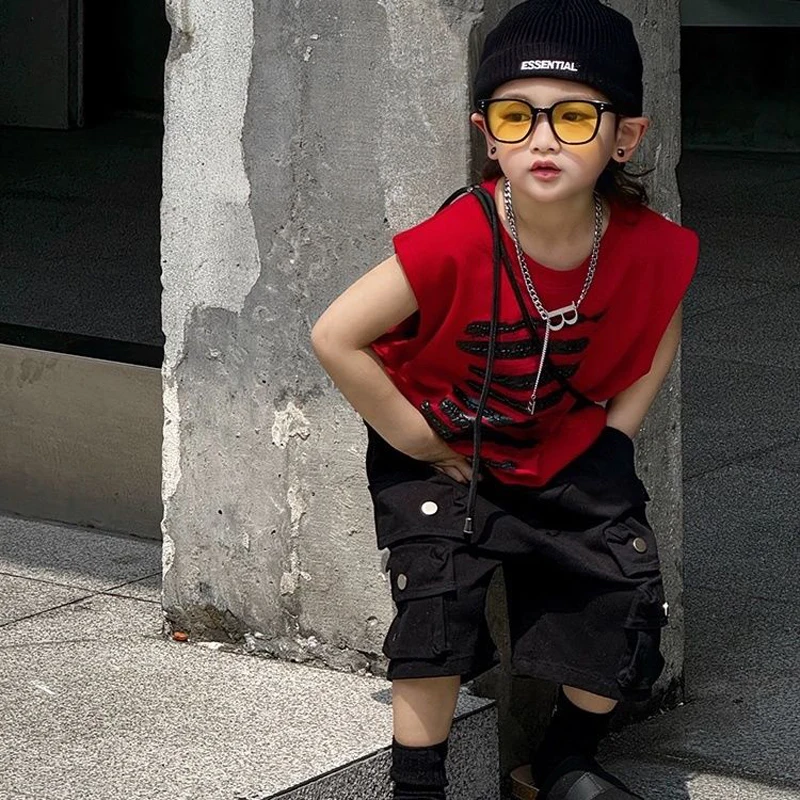 Summer Fashion Baby Red Sleeveless Set Boys Top Tshirt+Shorts 2pcs Children Set Casual Sportswear 2PCS Streetwear Clothing