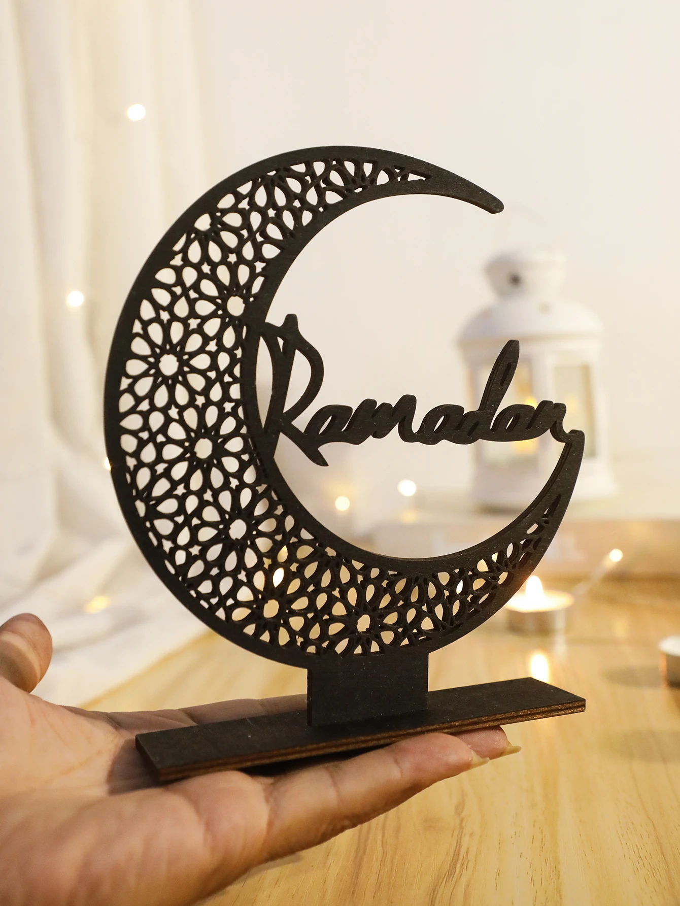 Eid Mubarak Wooden Moon Ornaments，Black Ramadan Kareem muslim decor ，Happy Ramadan Table decorations，Islamic Festival Decoration