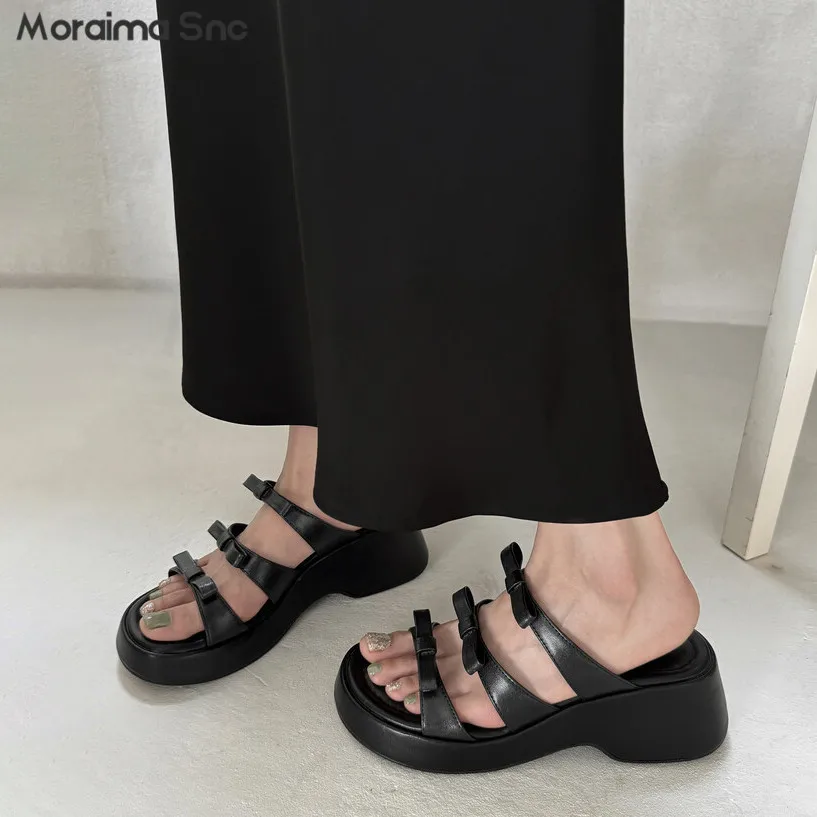 One-Line Bow Thick-Soled Slippers Round Toe Mid-Heeled Shoes Summer Open-Toe Casual Sandals Women's Fashionable Holiday Slippers