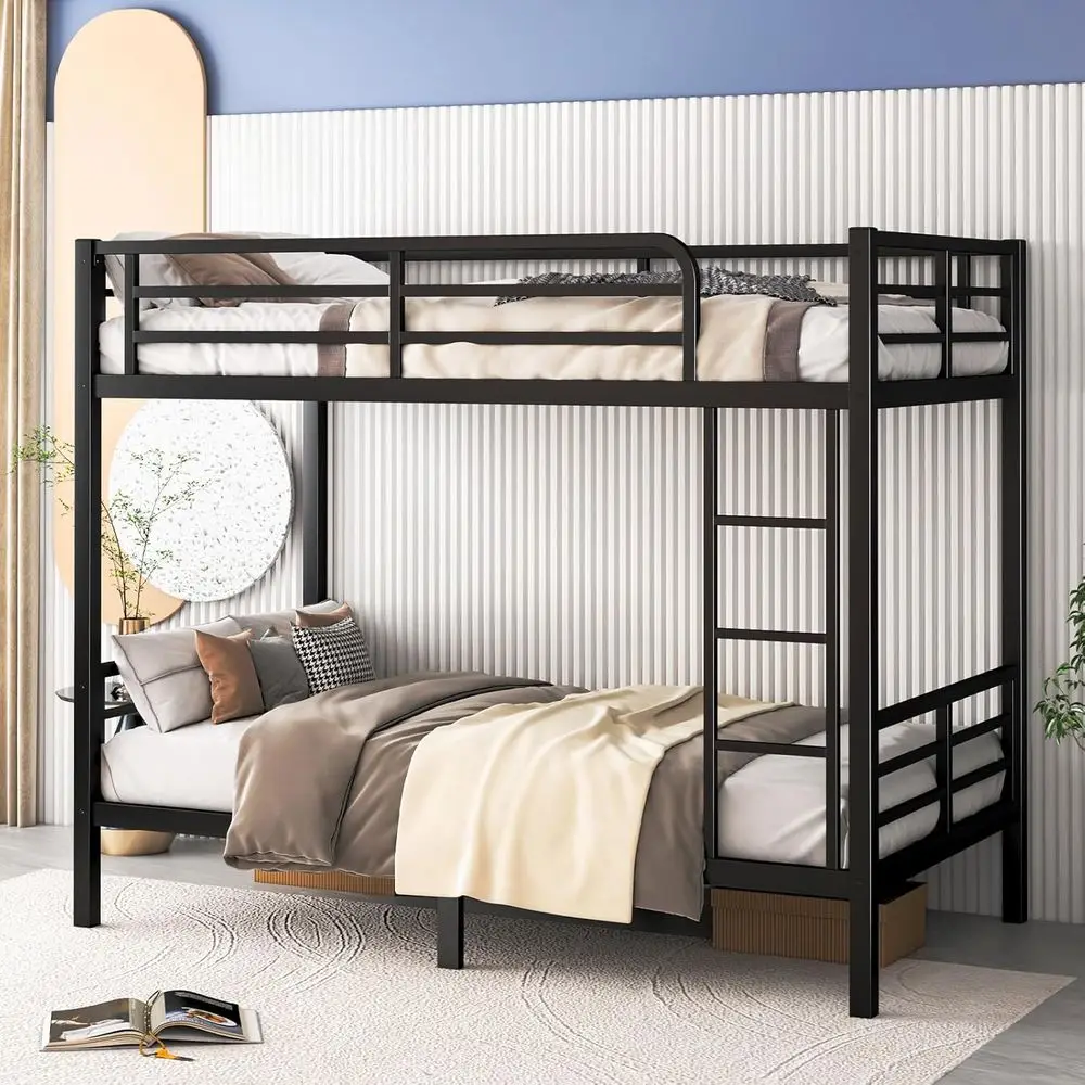 

Durable Metal Twin Bunk Bed with Ladder, Guardrail, and Metal Slats - No Box Spring Needed for Adults or Teens, Black