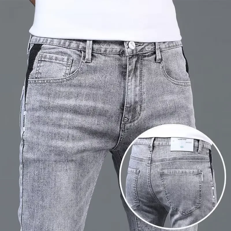 Light Grey Denim Trousers For Men New Spring Autumn Trendy Slim Fit Casual Korean Style Jeans Small Feet Big Size 5XL