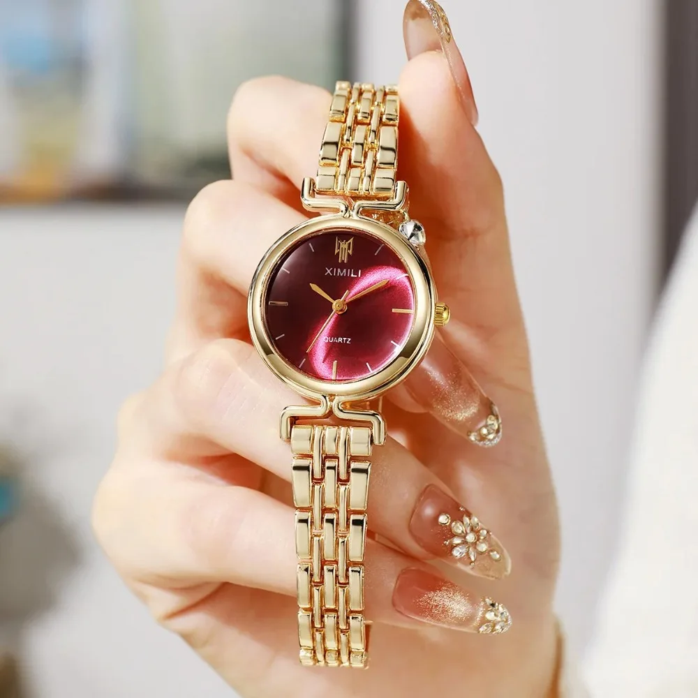 Alloy Women Wrist Watch Metal Steel Strap Quartz Pointer Steel Band Watch Round Dial Shape Quartz Wristwatch Women
