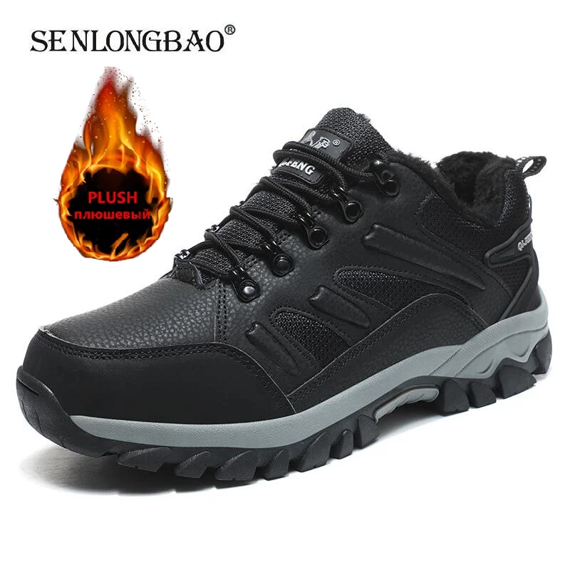 Brand Winter Warm Couple Snow Boots Leather Waterproof Men\'s Boots Outdoor Rubber Lace-Up Men Hiking Boots Work Shoes Size 36-48