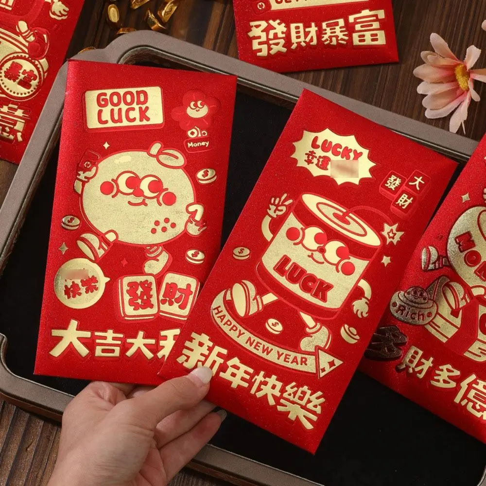 6pcs Hot Stamping ปีใหม่จีนซองจดหมายสีแดง Solid ผสมรูปแบบ Lucky เงินกระเป๋าหนา Blessings พิมพ์ HongBao เด็ก