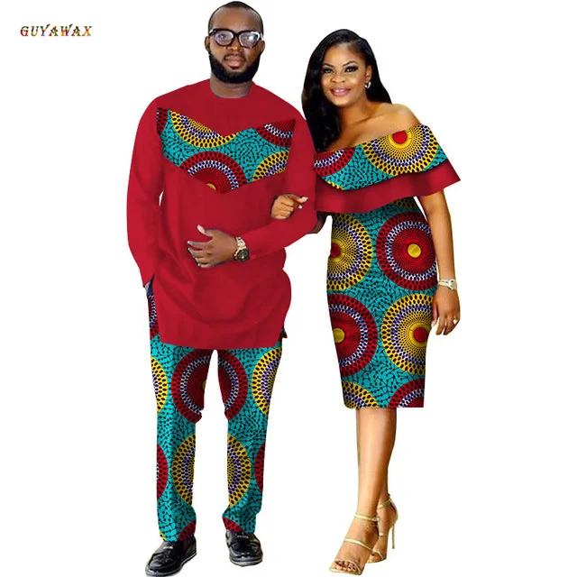 2 Piece Set African Dashiki Print Couple Clothing for Lovers Men Top Pant Set and Women Ruffle Sleeve Bodycon Dress Dashiki 6XL 