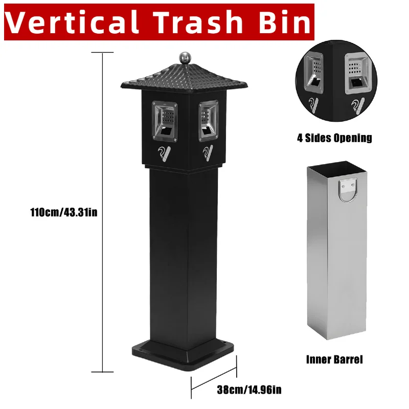 

Classical Black Ashtray Outdoor Trash Can Cigarette Bin with Inner Bucket Trash Receptacle Metal Vertical Trash Bin for Office