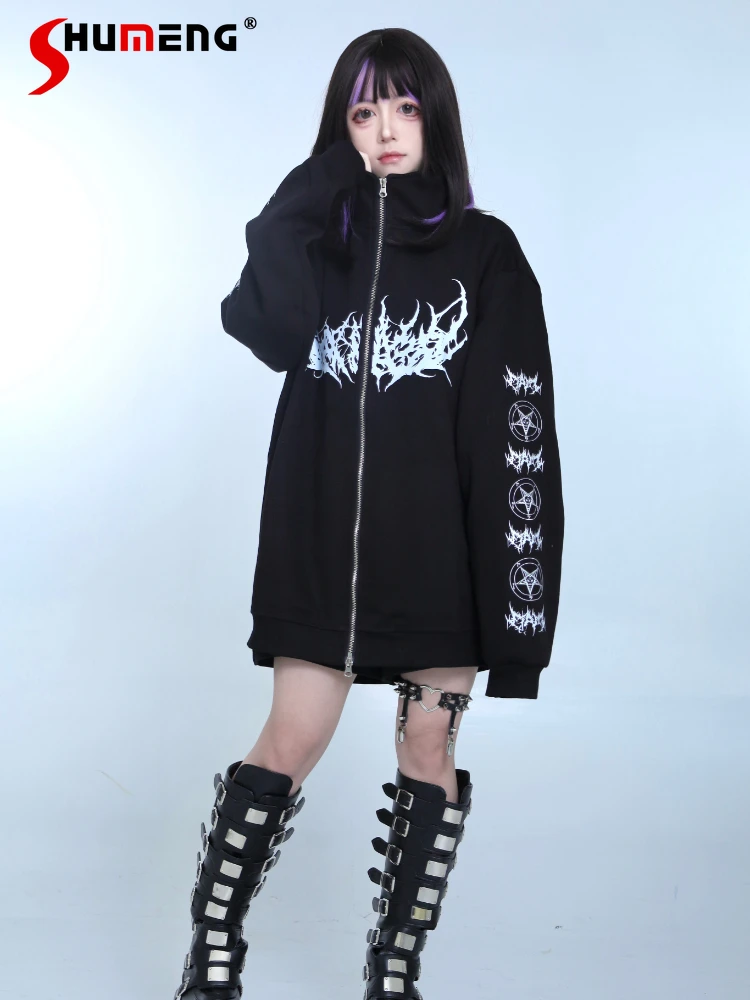 Japanese Mine Subculture Gothic Punk Harajuku Half Turtleneck Long-Sleeve Zipper Warm Fleece Sweatshirt Women Spring Autumn