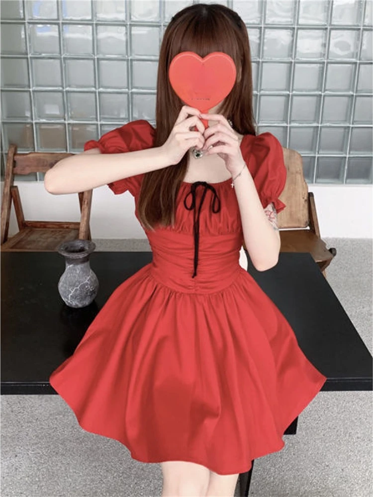 Red Puff Sleeve Dresses Women Mini Summer Temper Hotsweet Girlish Kawaii Clothes Folds Vestidos Vintage Korean Trendy Streetwear