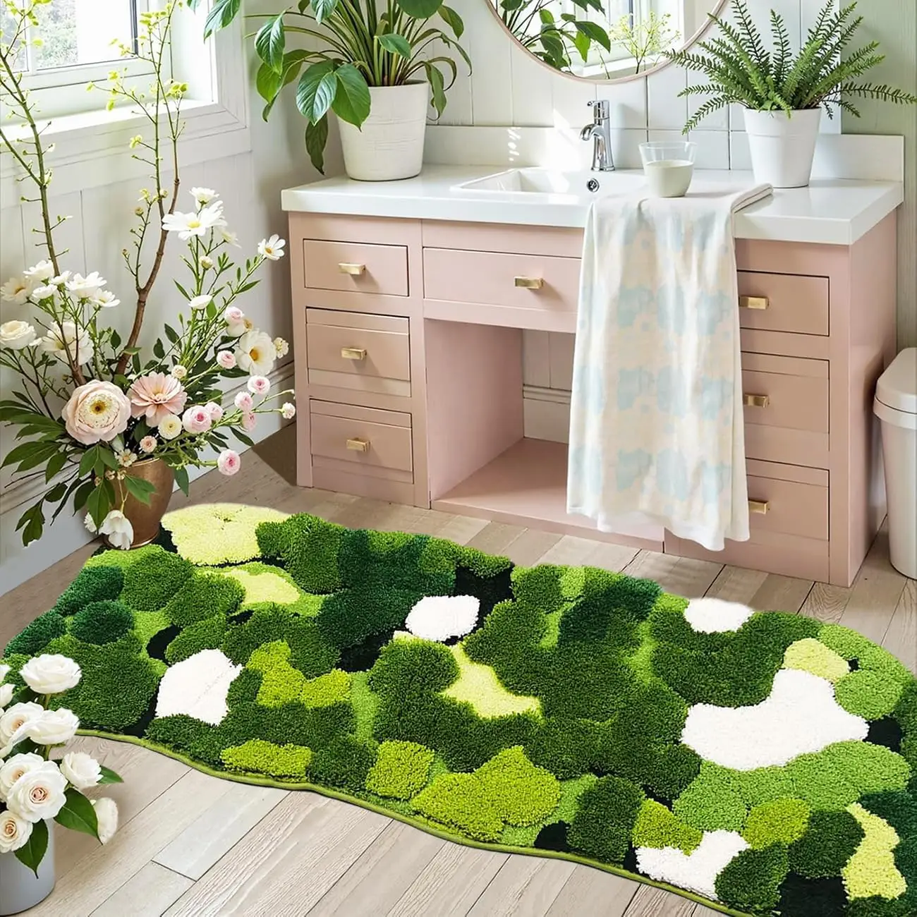 

Cute Green Moss Bathroom Runner Rug, 24x60 Inch Extra Large Boho Leaves Shaggy Non-Slip Absorbent Mat for Kitchen Bedroom Decor