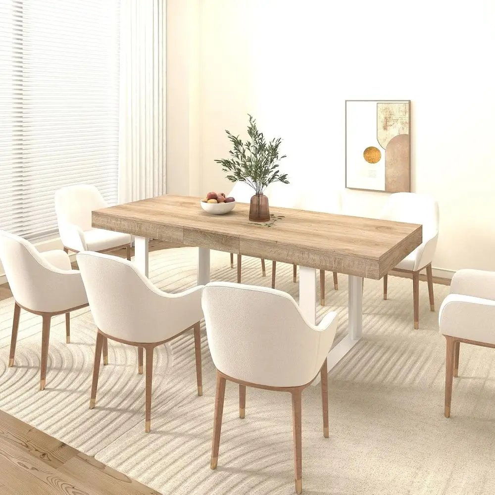 

Elegant Extendable Dining Table, 63-78.7 Length, Natural Wood Finish, White Legs, Seats 6-8