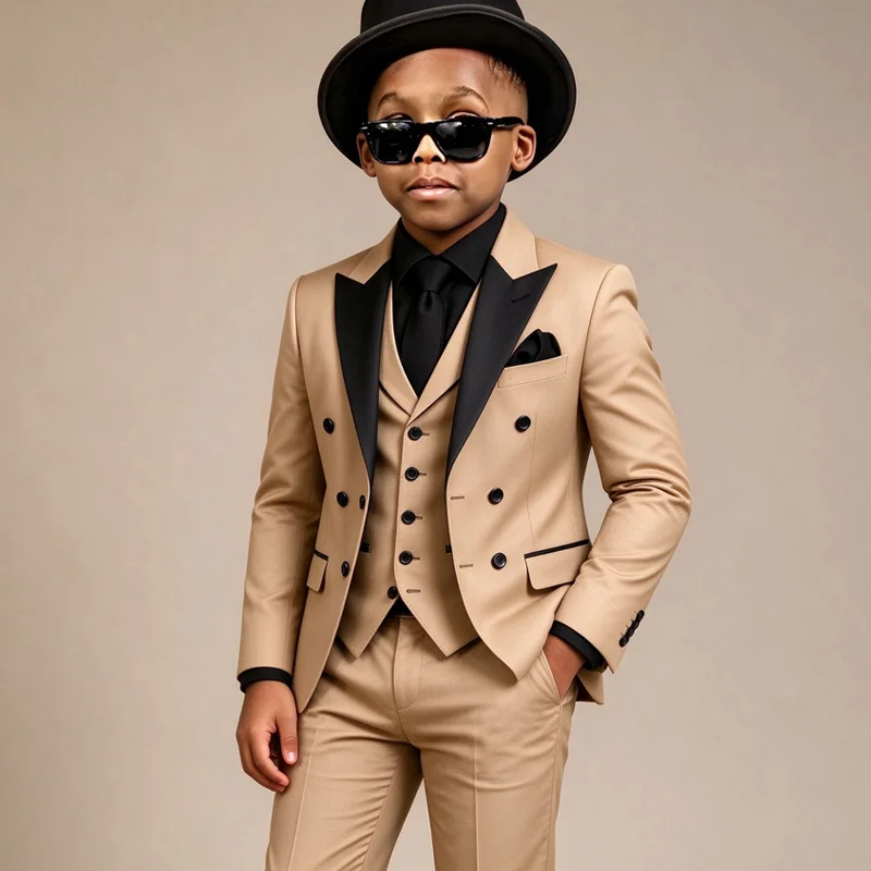 Champagne Boys' 3-Piece Formal Suit (Peak Lapel Jacket, Trousers, and Vest) – Custom Wedding Tuxedo / Double-Breasted Blazer