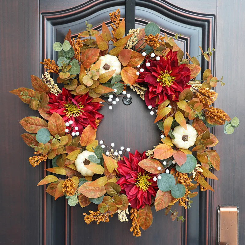 

Xinyi Harvest Festival Red Flower White Pumpkin Maple Leaf Wreath Door Hanging Halloween Decoration Halloween Berry Vine Circle