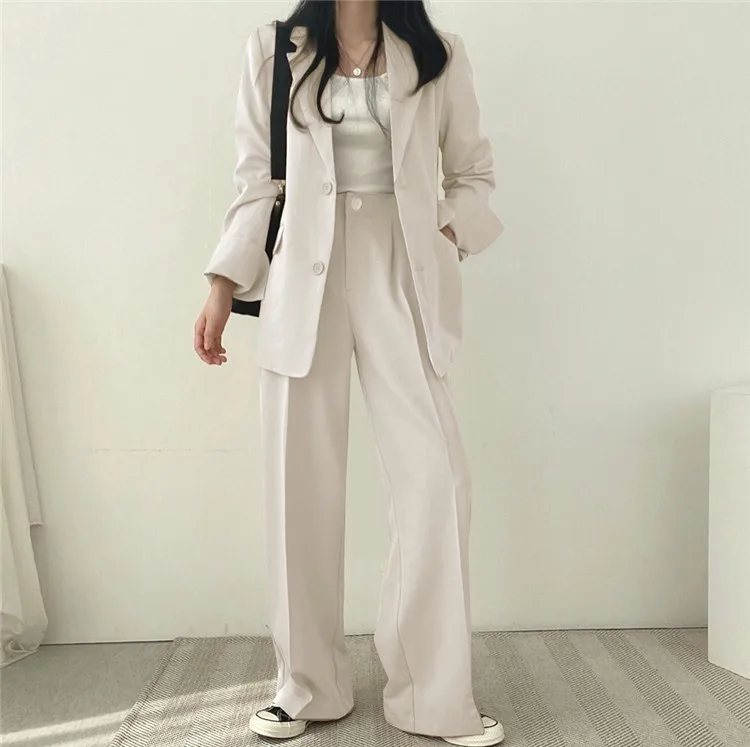 

Women 2 Piece Set Blazer Jacket Straight Pants Single Breasted Turn Down Collar 2025 Office Lady Outfits Trousers Coat Suit