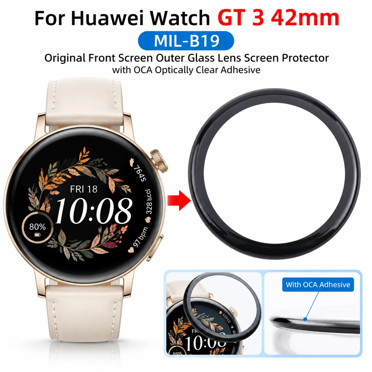 For Huawei Watch GT 3 42mm MIL-B19 Original Front Screen Outer Glass Lens Screen Protector with OCA Optically Clear Adhesive