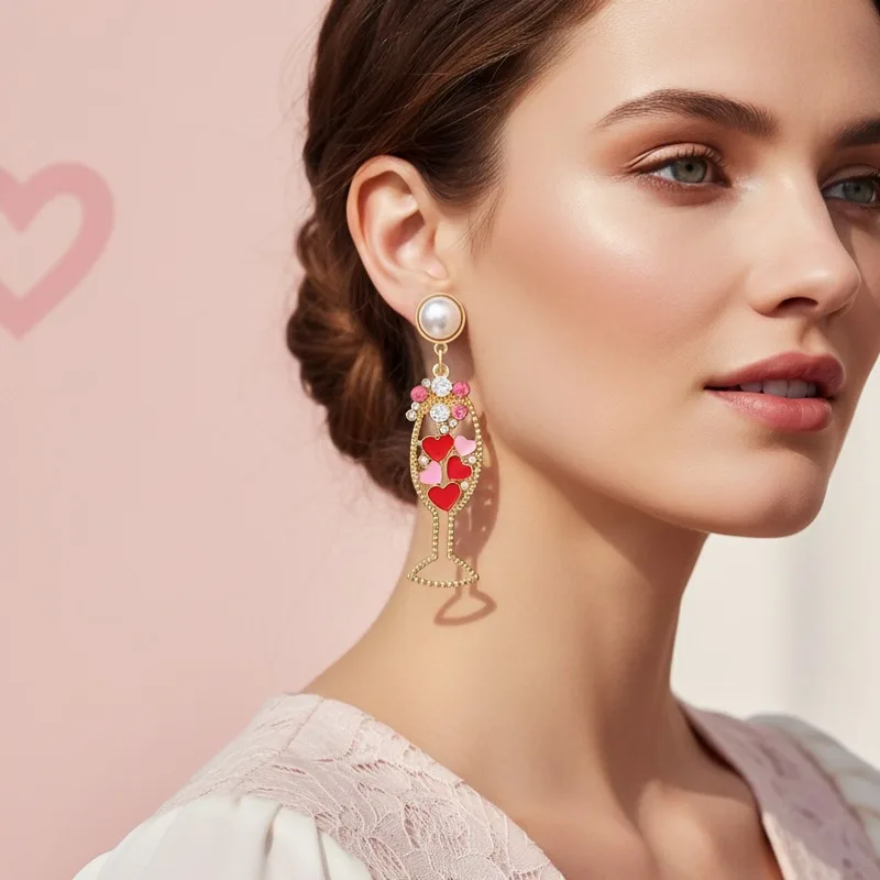 

[Light luxury romantic style] Champagne cup earrings, red and pink heart + rhinestone inlay, sweet festive women's earrings