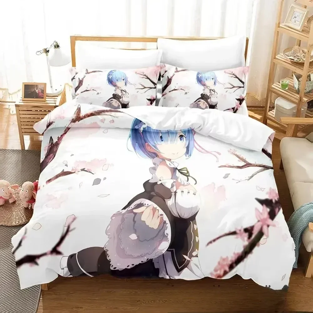 Parure de lit 3D Anime Re Zero Rem Ram Emilia, housse de couette, housse de couette, taie d'oreiller, couette king Queen Size pour garçons et adultes