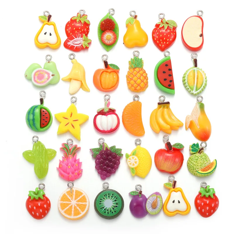 100Pcs Wholesale Bulk Mixed Simulation Fruit Resin Charms Strawberry Pear Grape Banana Pendants for Jewelry Making DIY Keychains