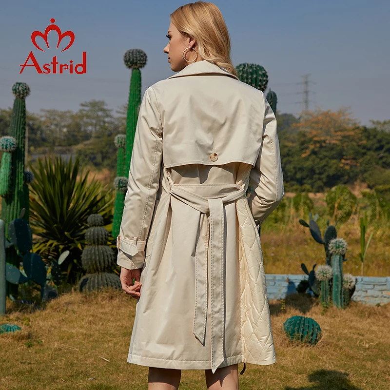 Astrid Spring Women\'s Trench Coat Fashion Stitching Jacket Long Turn Down Collar Belt Warm Thin Parkas Beige Overcoat ZM-20087