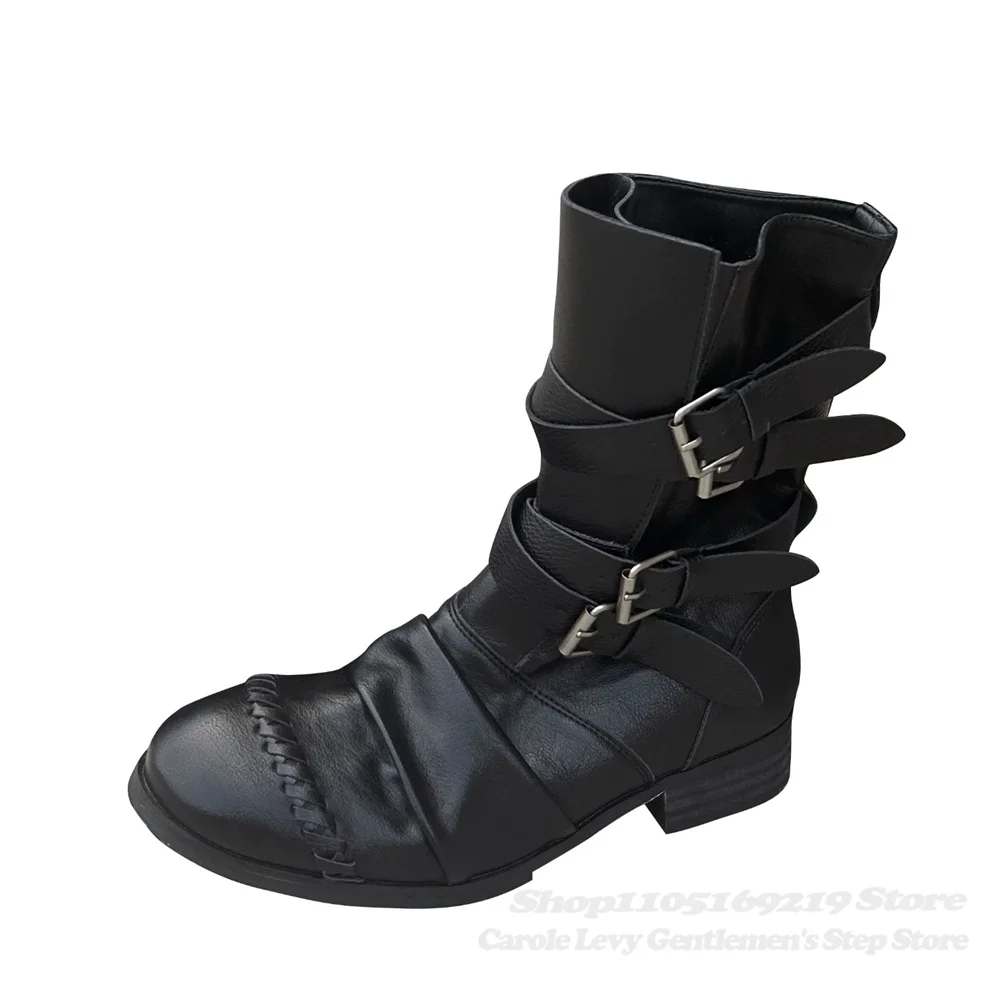 Dark Retro Pleated Knight Boots Unisex Belt Buckle Soft Leather Vintage Boots Western Cowboy Short Boots Black Cool Boot view 2