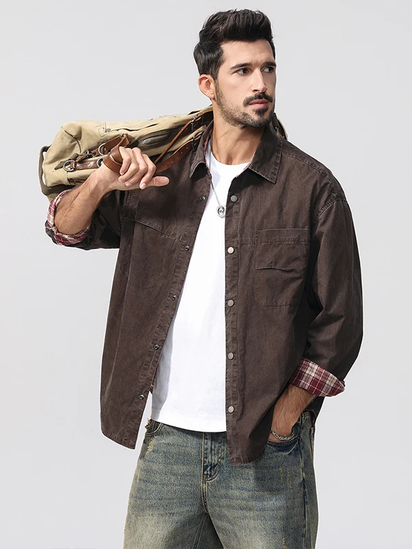 

Retro American Plaid Long Sve Cotton irt Men's Loose Workwear Jaet Double Sided Wear Autumn New Sle Comfortable Brea...