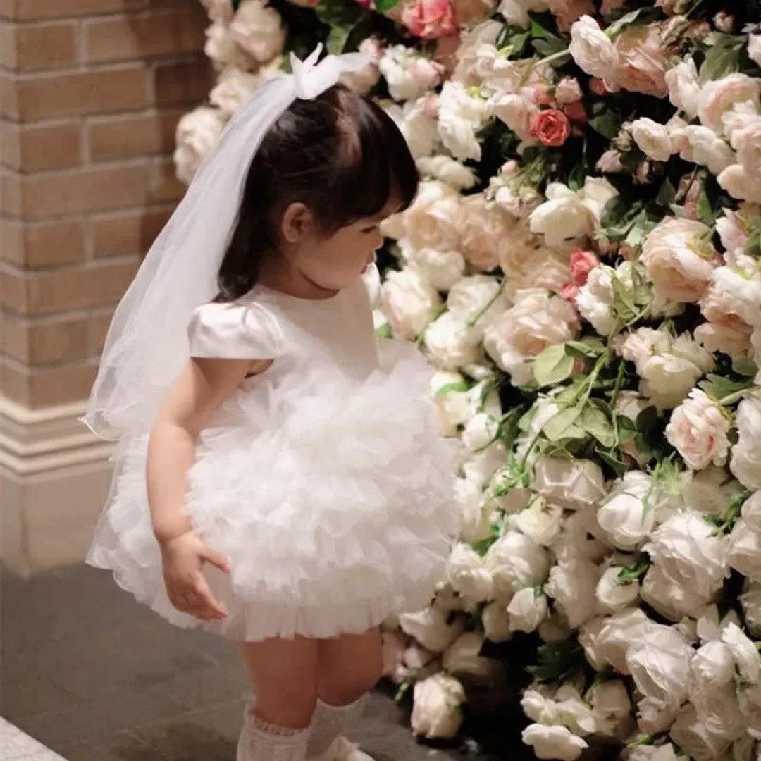 POD Baby Girls White First Birthday Dress Multi-layer Princess Gown Elegant Clothes Dresses Hosting Tulle Tutu Party Costumized