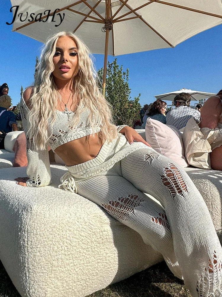 

Женский трикотажный Костюм-двойка JusaHy, белый Повседневный облегающий Топ без рукавов и брюки-карандаш в уличном стиле, Y2K, 2023