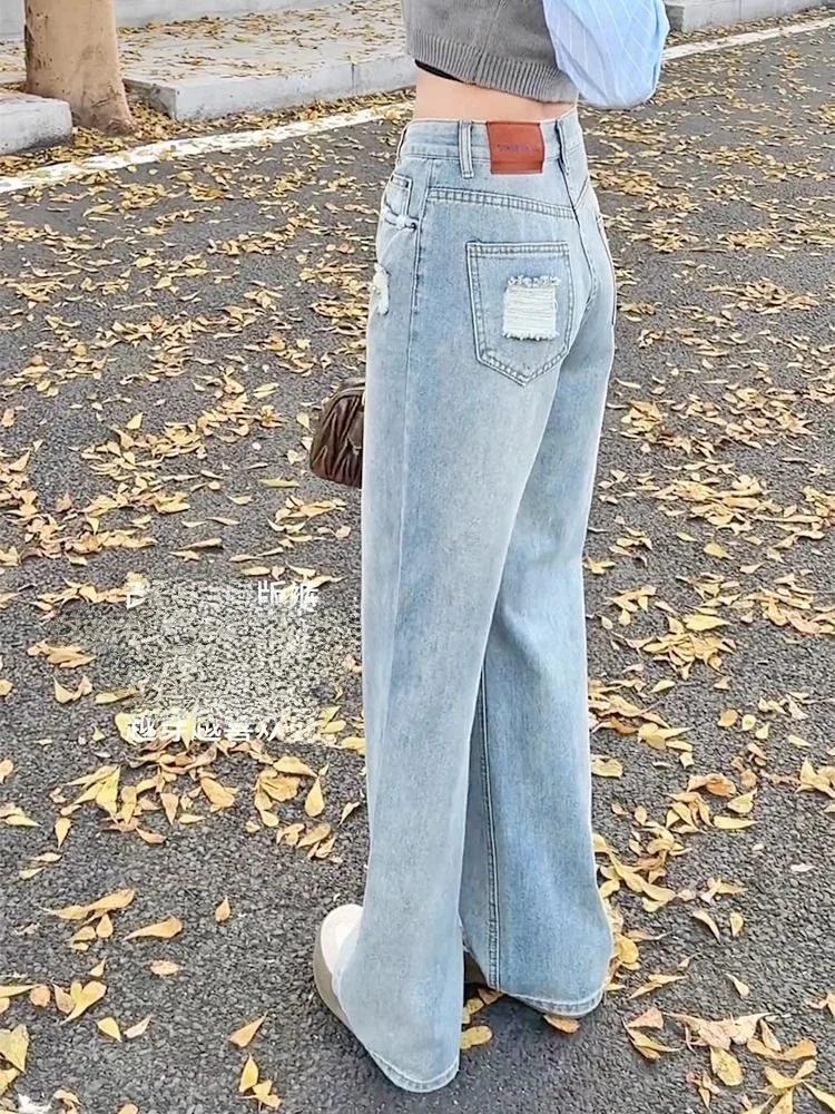 

Light Wash Ripped Denim Jeans Women's Thin Wide Leg Pants High Waist Long Trousers Cotton Polyester Viscose Blend Summer Jeans