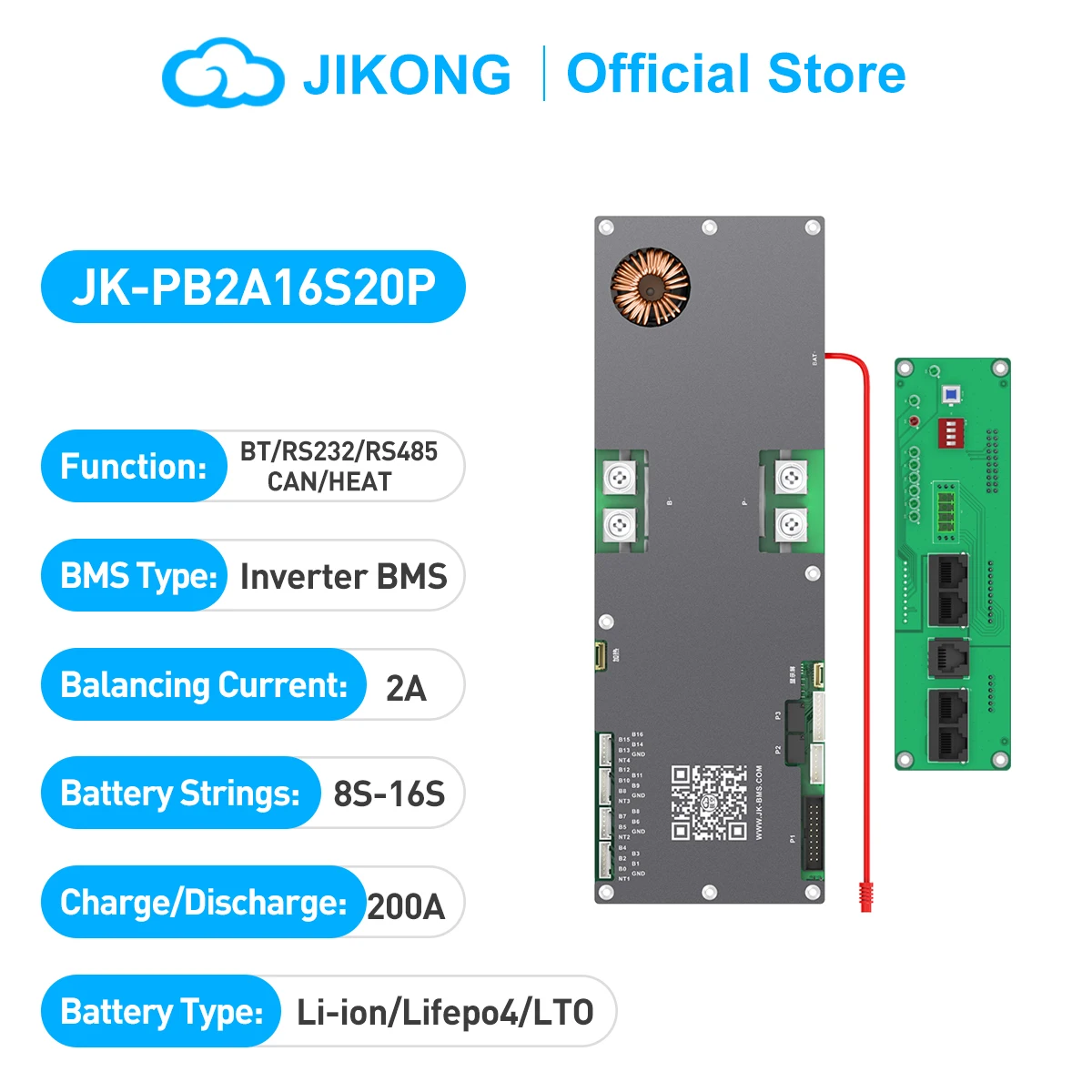 JIKONG BMS  JK-PB2A16S20P 8S/16S 24V 48V LiFePo4 Li-Ion Battery 200A Household Energy BMS to Inverter Active balancer 2A