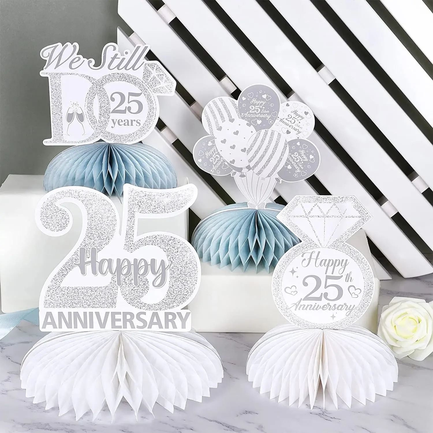 Silver Wedding Anniversary Table Decor, Honeycomb Centerpieces, Table Toppers, 25th 30th 60th Happy Anniversary Supplies, 8Pcs