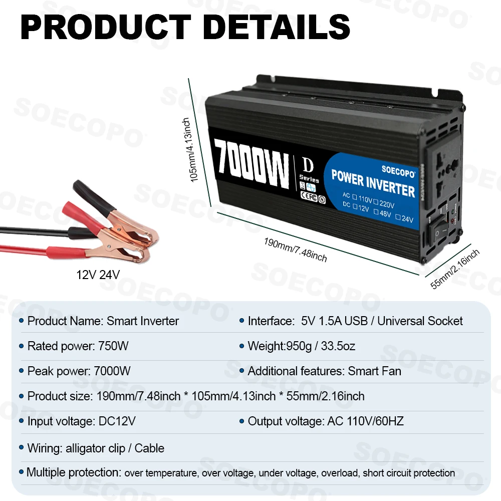 SOECOPO 7000W Smart Car Inverter 12V to 110V Car Voltage Converter with USB 5V Ports Perfect for Camping RV Car Accessories