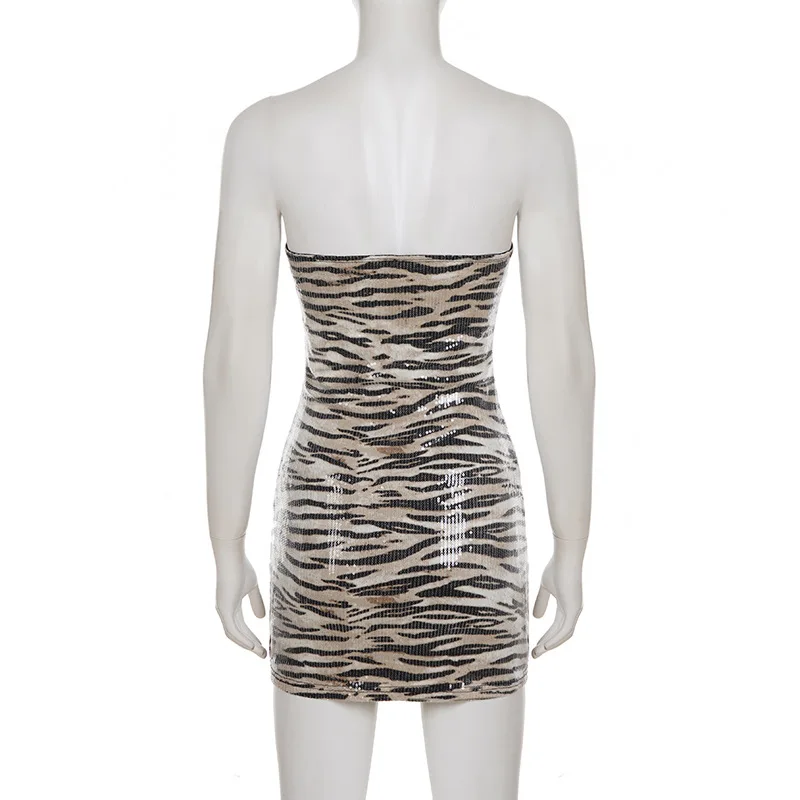 فستان سبايسي جيرل ستايل بقصة ضيقة وطباعة شريطية ترتر مثير بدون حمالات #3