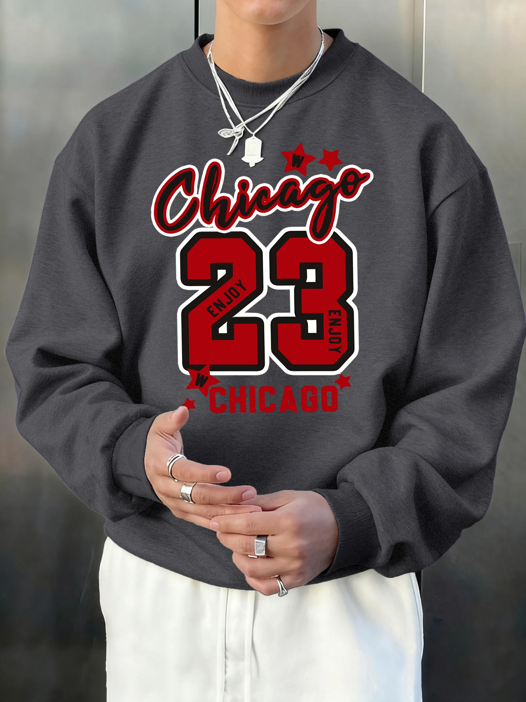 

Спортивная одежда с принтом Chicago Enjoy Number 23, мужская уличная повседневная одежда с длинными рукавами, осенний свободный пуловер, винтажная флисовая одежда унисекс