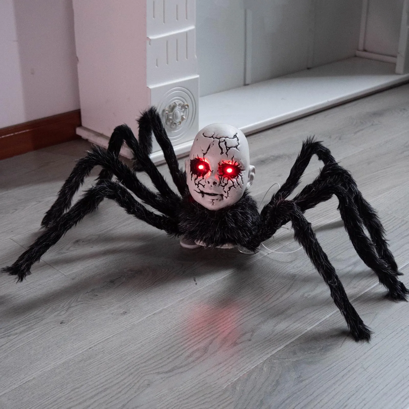 Sound Controlled Walking Animatronic Spider, Doll Face Ornament with Glowing Eyes, Halloween Scary Decor for Haunted House