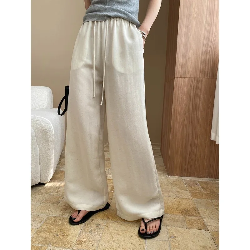 

Women Linen Blended Wide Leg Pants Spring Summer Elastic Waist 7%Linen 45%Lyocell Casual Pocket Pant