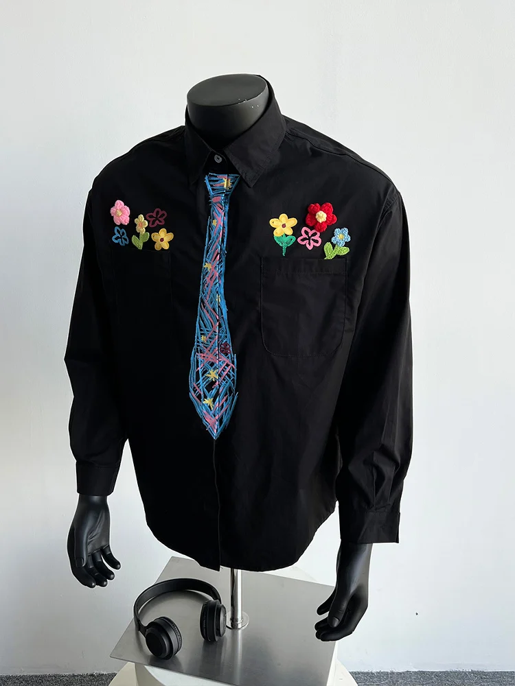 

Bla Hand-Painted fiti Tie irt Men's Spring Design Unique Top American High-End Long Sve irt Loose Fit Youth Trend