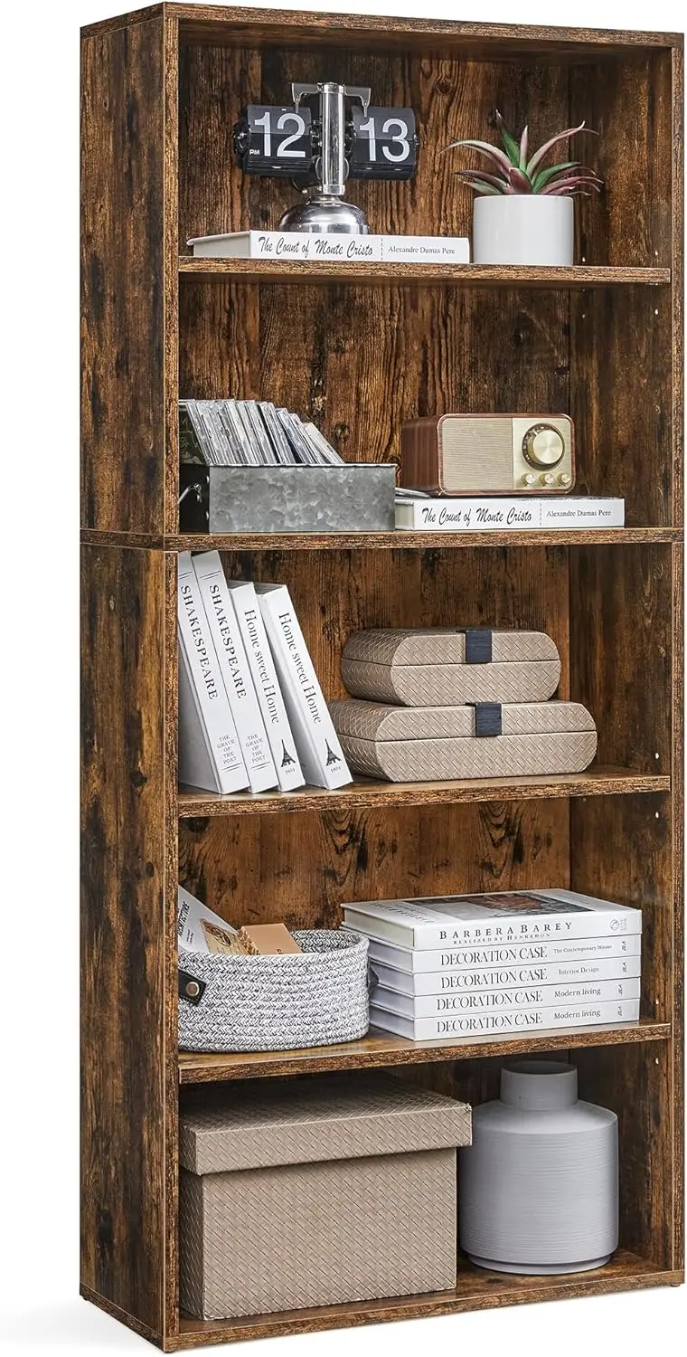 

5-Tier Open Bookshelf, Space-Saving Storage, Adjustable Shelves, Rustic Brown