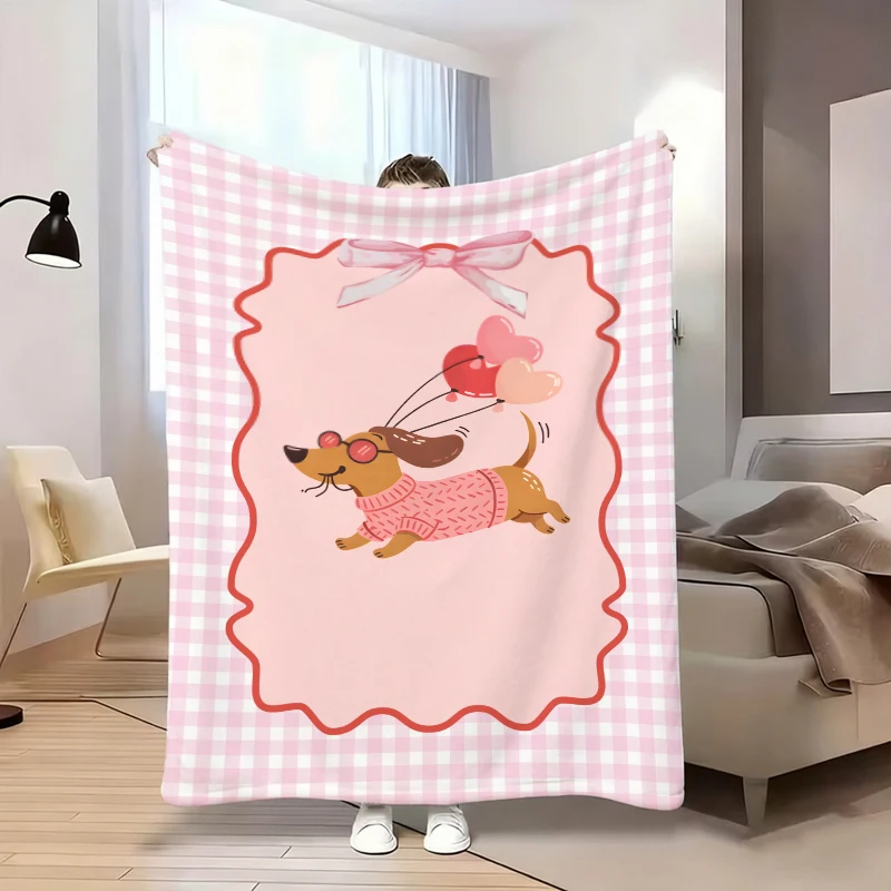 Pink Background Multi Pose Dachshund Bone Flannel Blanket For Playful Bedroom Decor Soft Warm Throw Blanket Wrap