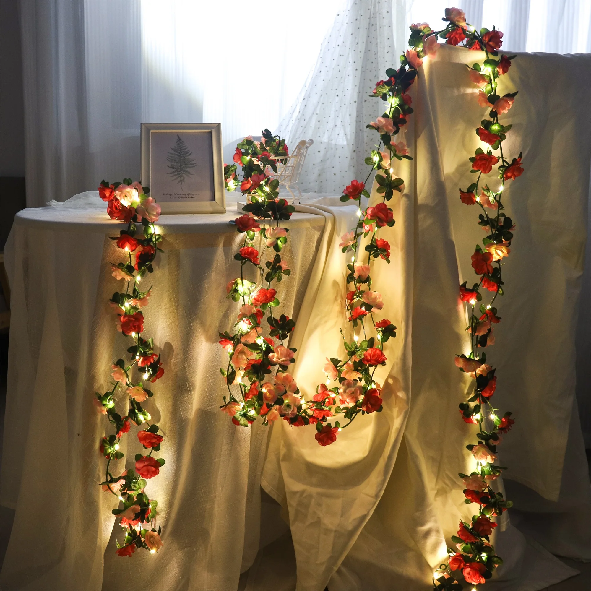 Rose LED Lichter String Künstliche Blumen Efeublätter Hochzeit Girlande Hause Raum Dekoration Bogen Hängen Wand Garten Party Decor – Detail 6