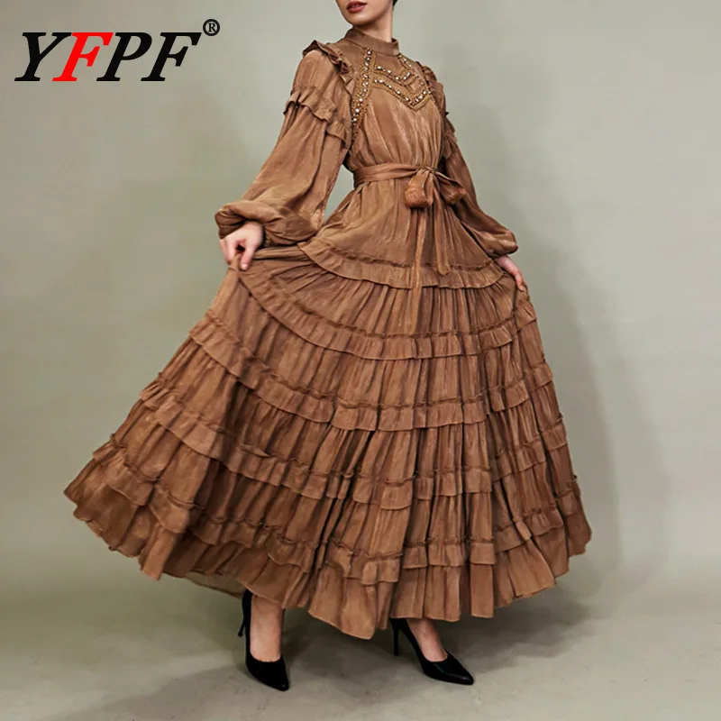 

YFPF Vintage Solid Long Dress Women Ruffles Patchwork Folds Design Lantern Sleeve Lace-up Fashion Party Dresses 2026 New