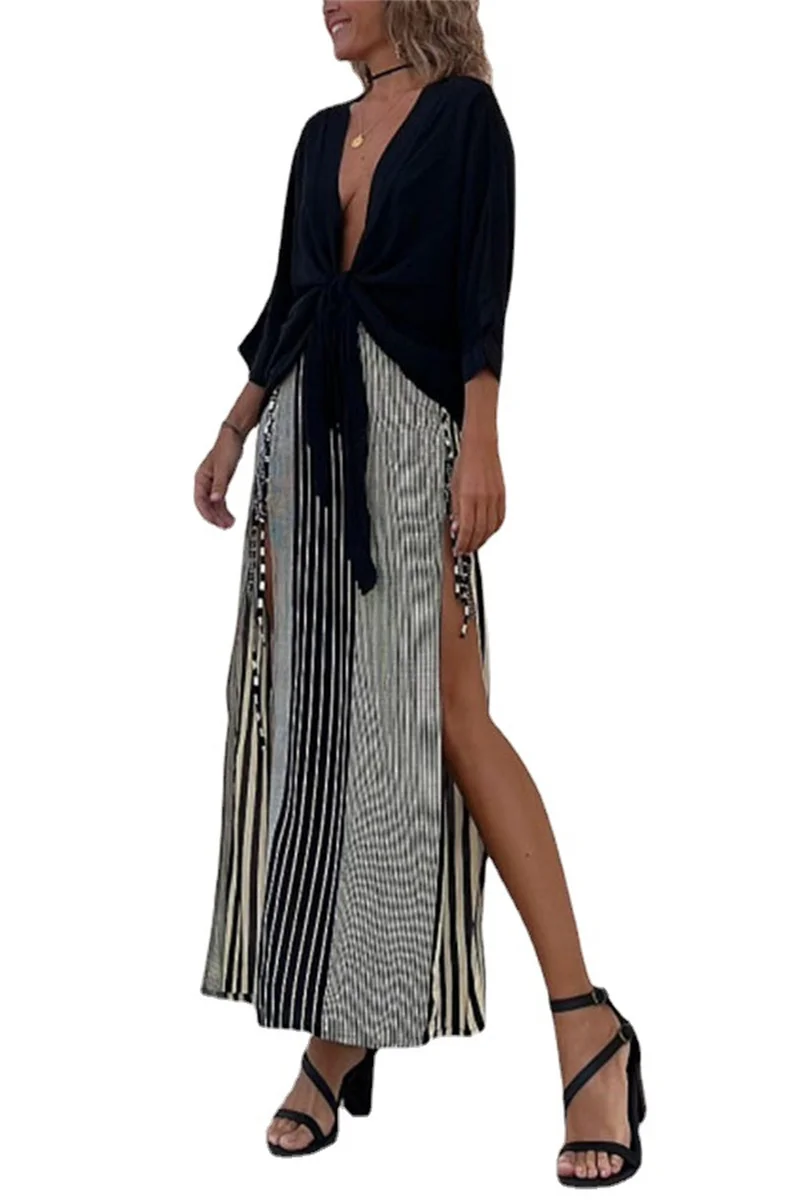 

Black T Shirt And Long Skirt For Women Summer Fashion Batwing Long Sleeve Top Sexy Stripe High Waist Split Midi Skirts