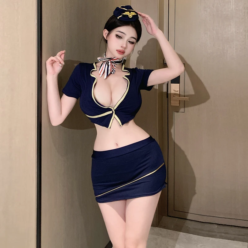 Sexy Airline Stewardess Office Secretary Cosplay Costumes Lingerie Uniform Open Chest Top with Mini Skirt Hot Police Temptation