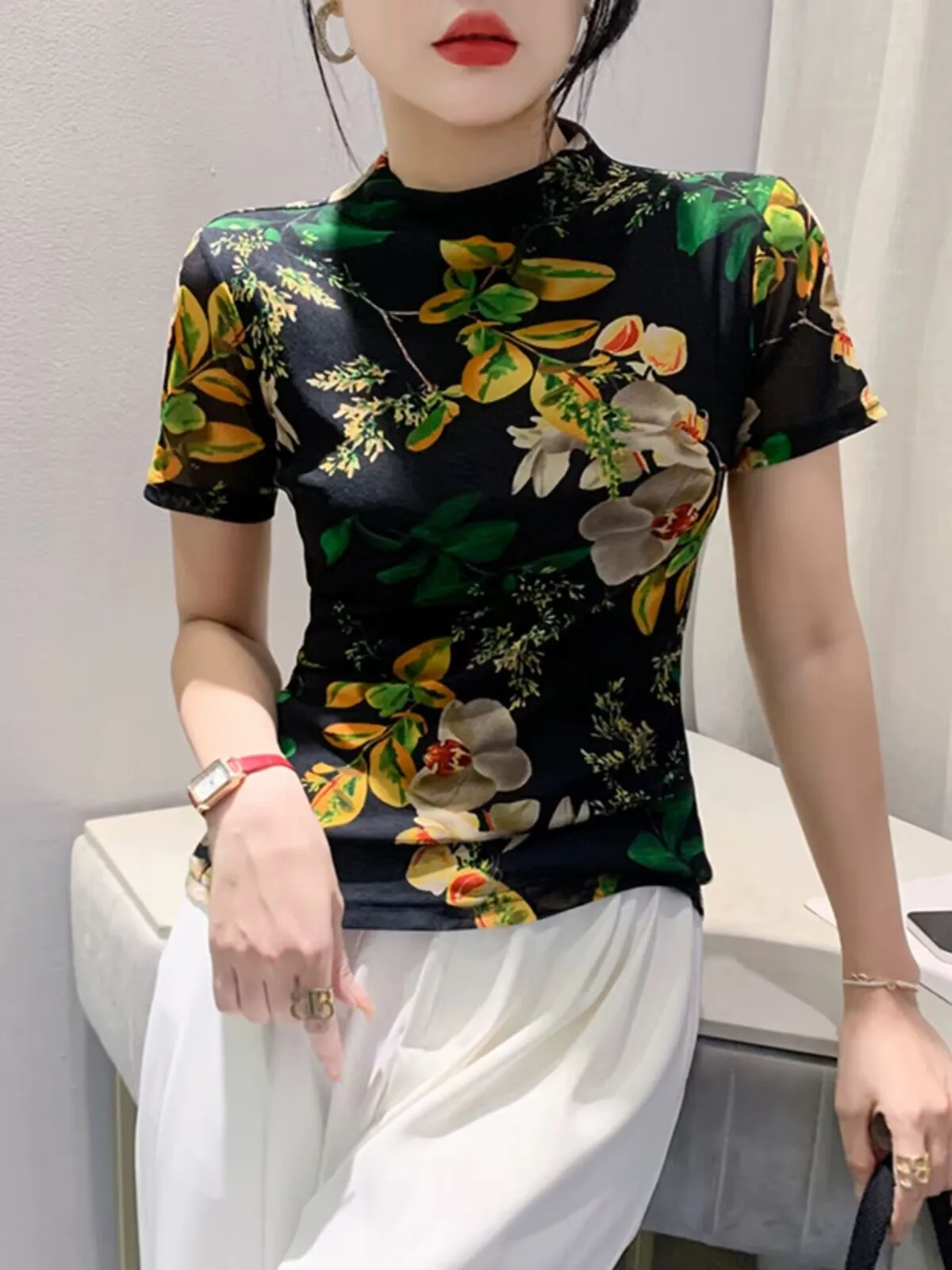 2024 New Arrival Elegant Female Slim T-shirt Summer Woman S-3XL Short Sleeves Printed Flowers Art Half-turtleneck Eye-catching