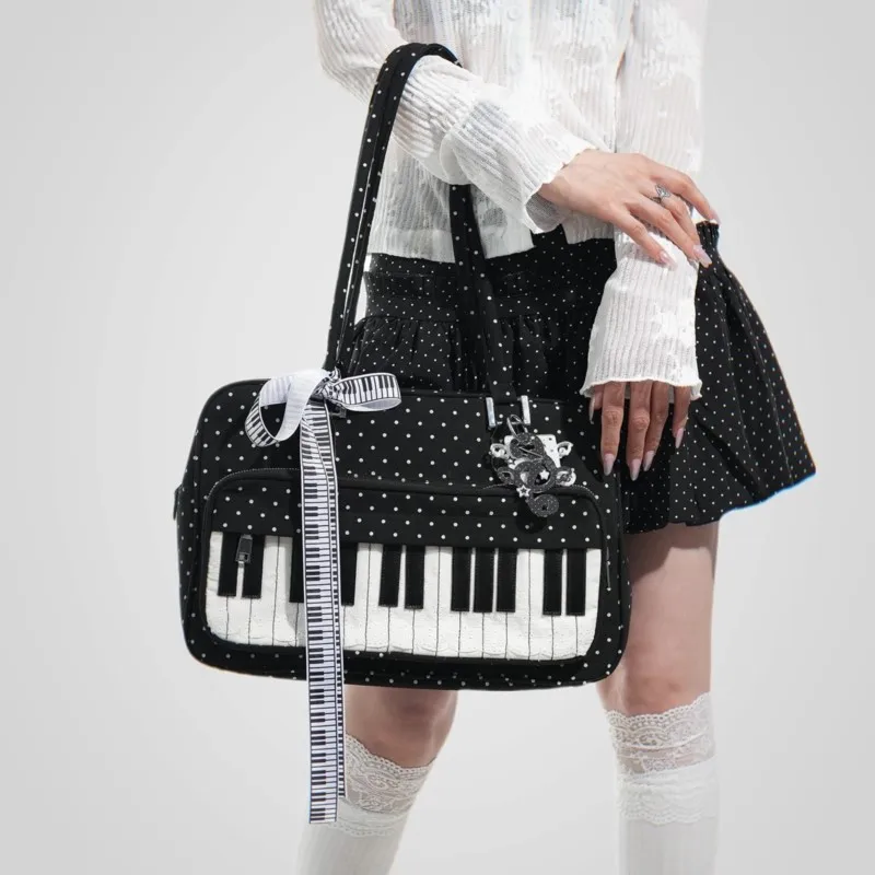 

Милая милая сумка в стиле Харадзюку для фортепиано, женская сумка в горошек, большая вместительная горизонтальная сумка на плечо, женские черные сумки с нежным бантом для подмышек