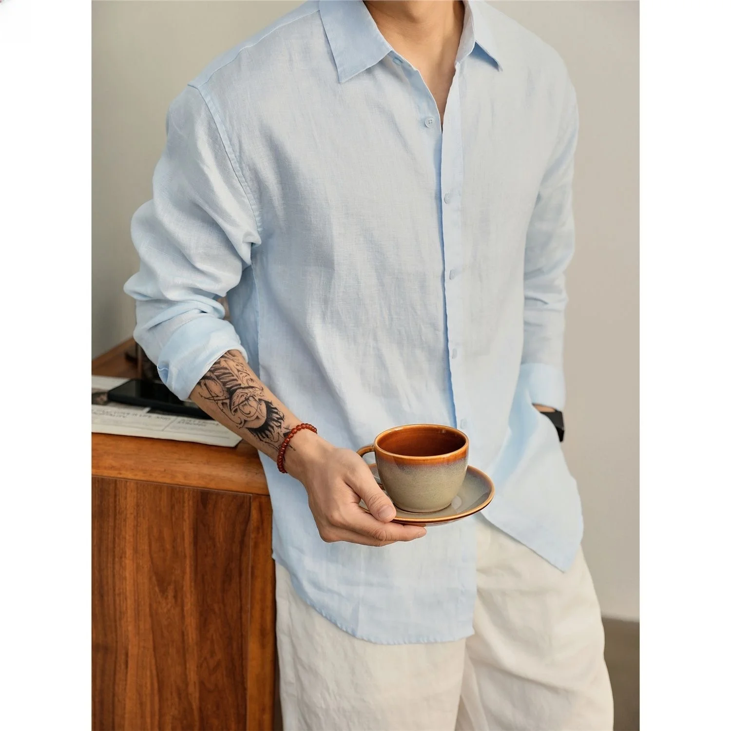 Italian Style Pure Linen Light Long Sleeve Shirt Men's Commuter Versatile Breathable Moisture Absorbent Casual Shirt