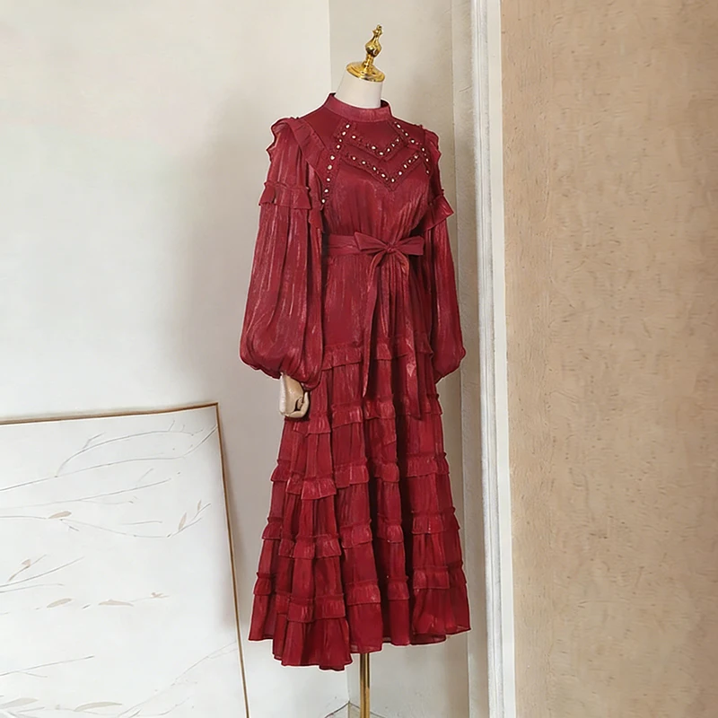 Vestido Tunic Vintage Sólido para Mulheres com Gola Alta, Manga Bufante, Rendas e Detalhes em Camadas, Vestidos Doces para Mulheres Novos